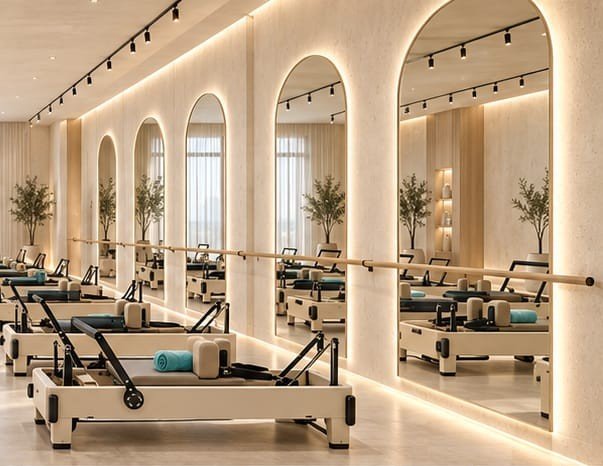 Rows of cream reformer machines beside tall arched mirrors with warm lighting