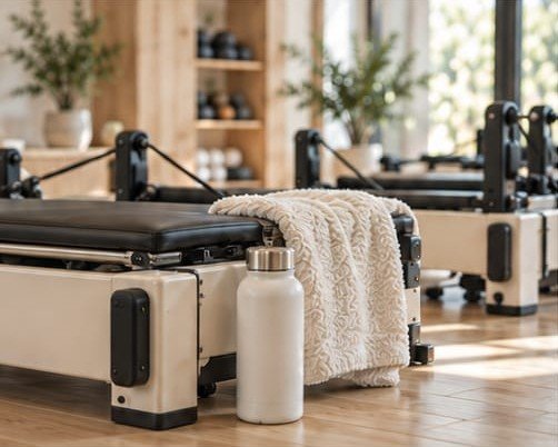 A soft blanket and water bottle resting on a reformer