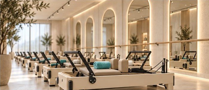 Reformer machine with a teal towel in front of arched mirrors