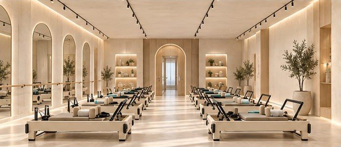 The studio hall with an arched doorway and soft warm lighting