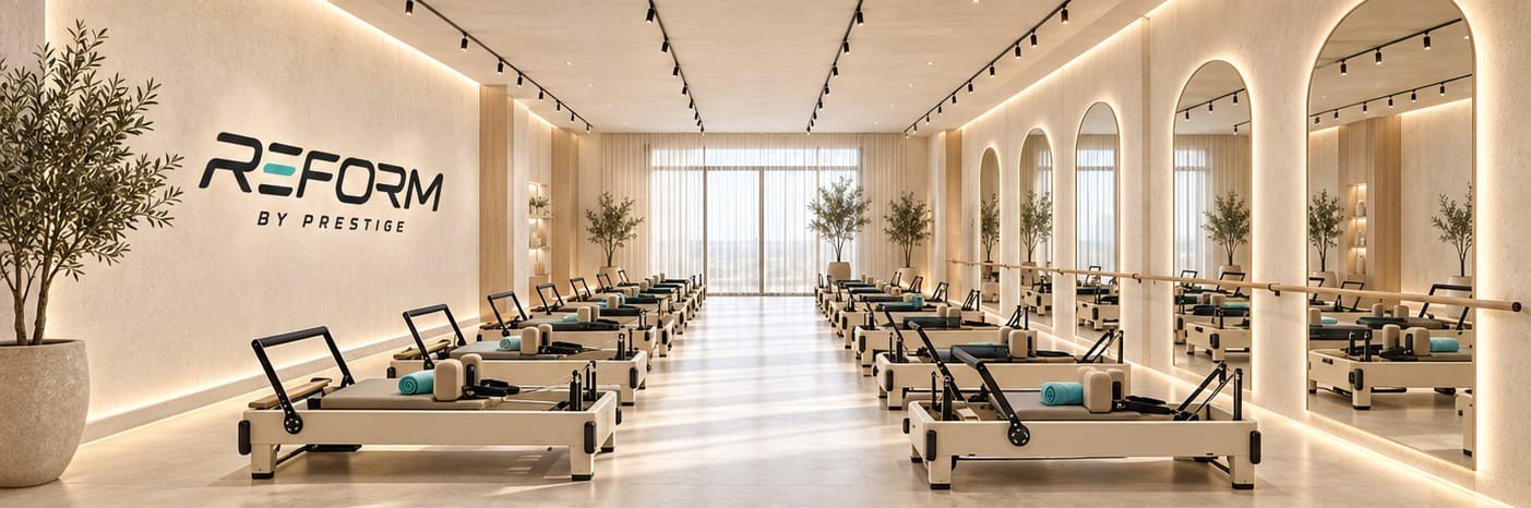 The full studio: two rows of reformers, the Reform logo on the wall, arched mirrors and floor-to-ceiling windows