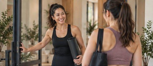 An instructor welcoming a member who carries a yoga mat